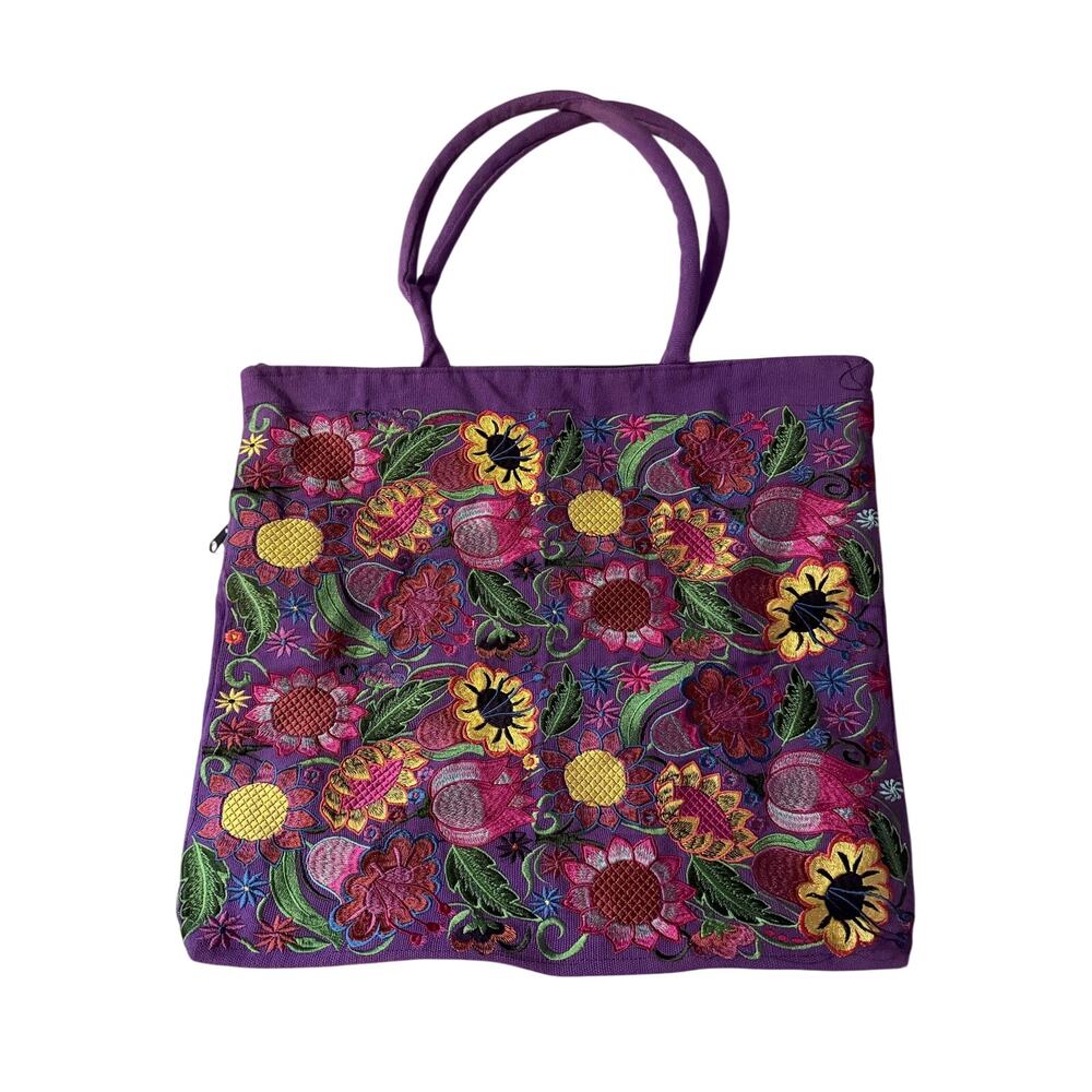 Purple heavily embroidered floral canvas tote bag zipper top boho colorful